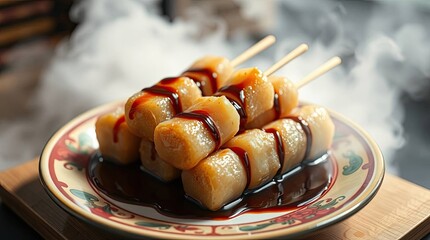 Delicious Japanese Dango Skewers with Sweet Sauce, Served on a Decorative Plate