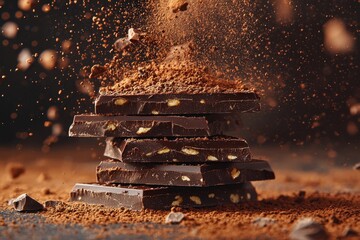 Gourmet Dark Chocolate Bars with Nuts and Cocoa Powder Explosion on Rustic Background