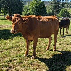 Brown cow grazing in a sunny pasture