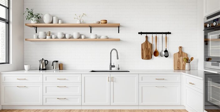 Fototapeta Stylish white kitchen interior with wooden open shelves, utensils, and decor on a white brick wall background. Concept of modern minimalist home. Ai generative