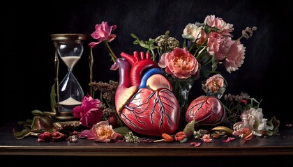 still life with flowers and human organ 