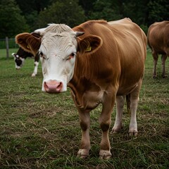 Young brown and white cow in a pasture