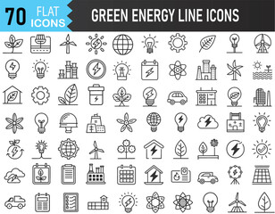 Green Energy and Eco Power Line Icons Set – Renewable Energy, Solar, Wind, and Sustainability Symbols Vector