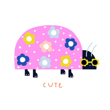 Funny pink ladybird. Childish graphic. Vector hand drawn illustration.
