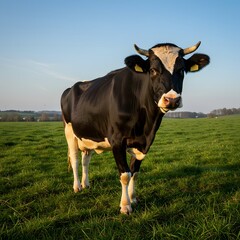 Black and white cow in a green pasture