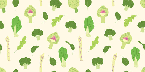 Modern greenery vegetables illustration with celery, broccoli, spinach, artichokes, cabbage and asparagus. Healthy green raw food seamless pattern for backgrounds, wallpapers and wrapping papers