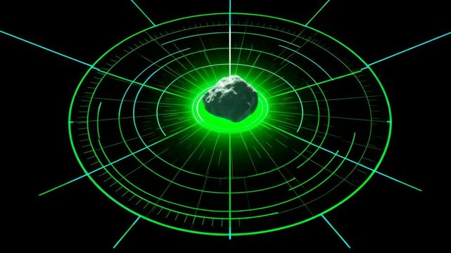 Digital Representation of an Asteroid Surrounded by Glowing Green Energy Rings and Geometric Lines