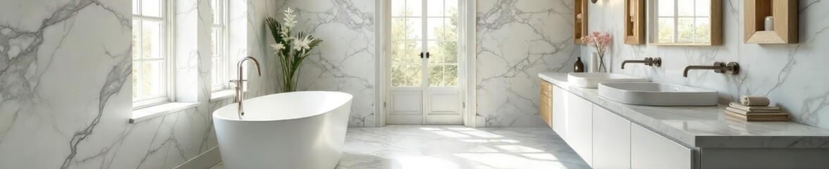 Fototapeta premium Luxurious marble bathroom with freestanding tub, sleek fixtures, and natural light streaming through a large window Sophisticated design, perfect for high-end living spaces , stone, interior, sink