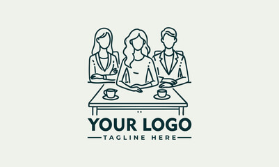 Minimalist line art of three people having a discussion around a table, collaborative meeting or teamwork concept
