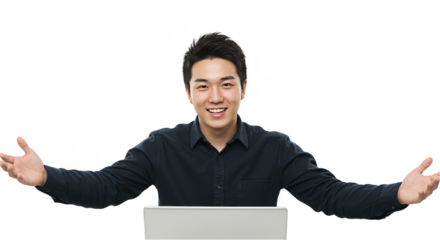 Portrait Of Cheerful Asian Man With Open Arms Behind Laptop Isolated