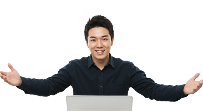 Portrait Of Cheerful Asian Man With Open Arms Behind Laptop Isolated