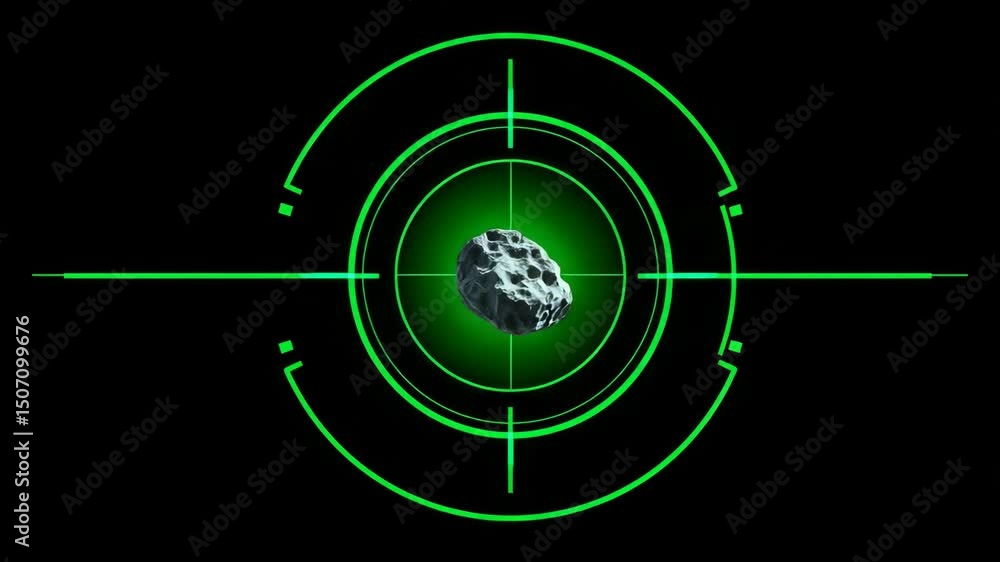 Poster Futuristic Targeting System Displaying Asteroid in High-Tech Interface with Green Glow Accents