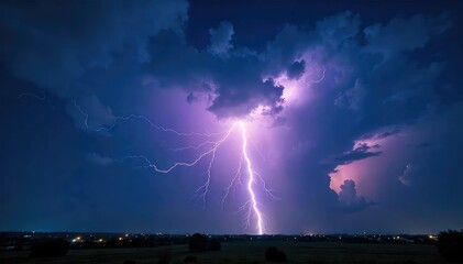 Massive lightning bolt illuminates the night sky, a dramatic display of nature's raw power The intense flash reveals towering clouds and a dark landscape below , atmospheric, storm