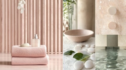  mood board for spa , pink marble, natural stones, light wood, green leaves and water.