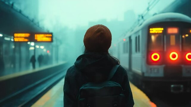 A woman with a backpack is walking down the train tracks