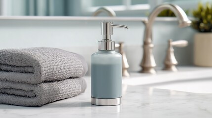 Minimalist Foaming Hand Soap Dispenser on a Countertop With Towels and a Sink in a Modern Bathroom Setting Generative AI