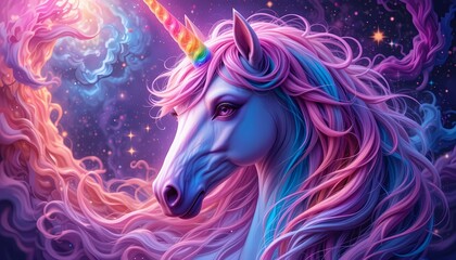 Cabeza de unicornio mágico en paisaje galáctico de fantasía