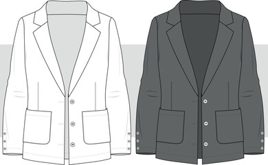 Men's Blazer Jacket suit fashion technical drawing, flat sketch, illustration, vector. Front view. Cad, Mockup. 