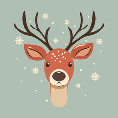 Cute illustration of a Christmas reindeer, deer on the light blue background with snowflakes, vector illustration