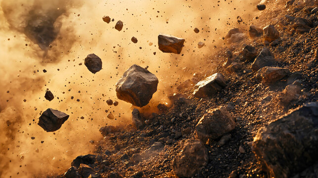 Rocks rolling down the mountain in an unstoppable fall, a massive rockfall caused by tectonic shifts and an earthquake.