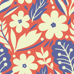 Seamless floral pattern with bold colors featuring flowers and leaves on a red background