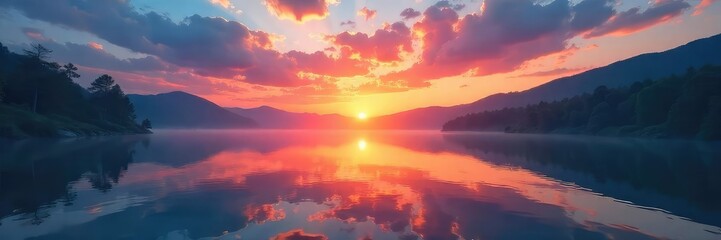 Obraz premium Vibrant sunrise over a tranquil lake reflecting the peaceful morning sky Perfect for wellness, serenity, and nature themes , therapy, tranquil