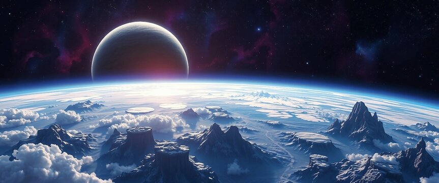 Faszinierende Sci-Fi-Landschaft mit gefrorener Oberfl&auml;che, Wolken und einem riesigen Planeten am Horizont &ndash; episch, detailreich und futuristisch.