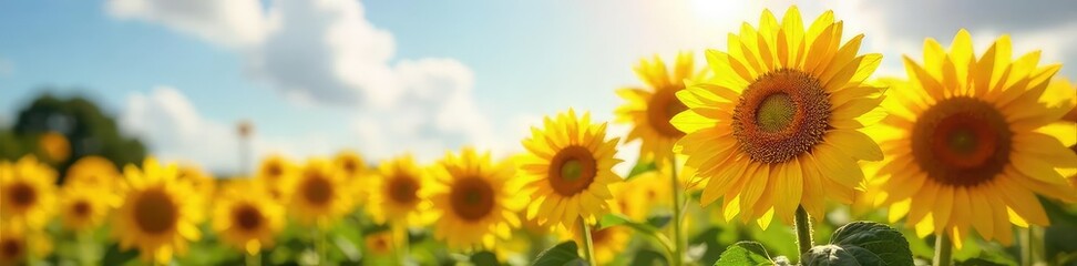 Obraz premium Vibrant sunflowers bask in the warm sunlight, their golden petals reaching for the sky A picturesque scene of summer joy and natural beauty , sunlight, landscape, sunny day