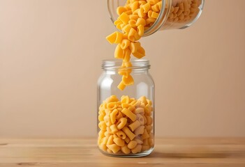 Bright yellow pasta shapes being transferred into an airtight glass jar, minimal background, modern food storage.