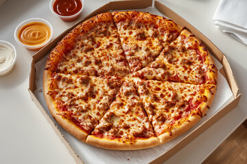 Enjoying a delicious pizza on a clean table with dipping sauces beside it, perfect for lunch or dinner