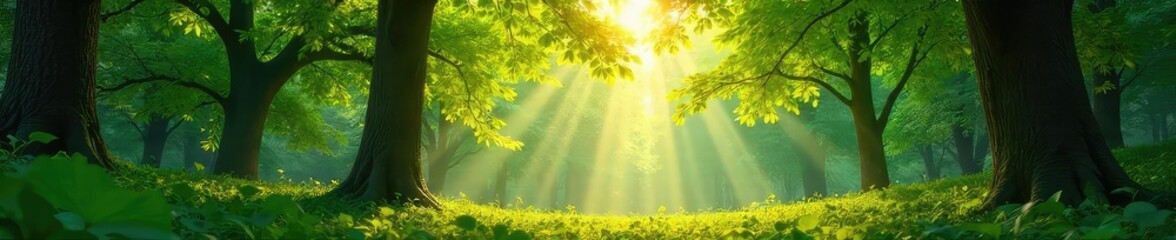 Fototapeta premium Vibrant sunbeams stream through gaps in a leafy canopy, creating a dappled, joyful pattern on the forest floor Perfect for nature, summer, and light-related projects , texture, green, summer