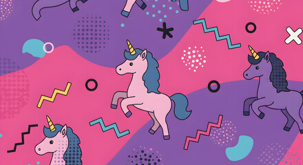 Whimsical unicorn pattern with abstract shapes and vibrant color background