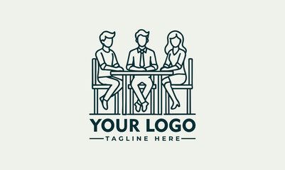 Minimalist line art of three people having a discussion around a table, collaborative meeting or teamwork concept

