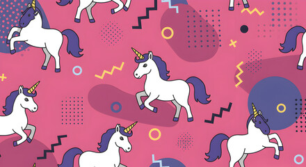 Whimsical Unicorn Pattern on Pink Background with Geometric Shapes