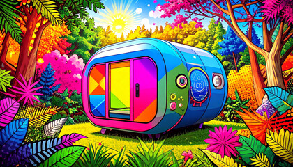 Vibrant Colorful Tiny House in a Lush Tropical Paradise Dream Vacation Home Illustration
