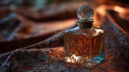 Exquisite Perfume Bottle With Ornate Glass Design on Plush Velvet Cloth Highlighted by Soft Lighting Generative AI