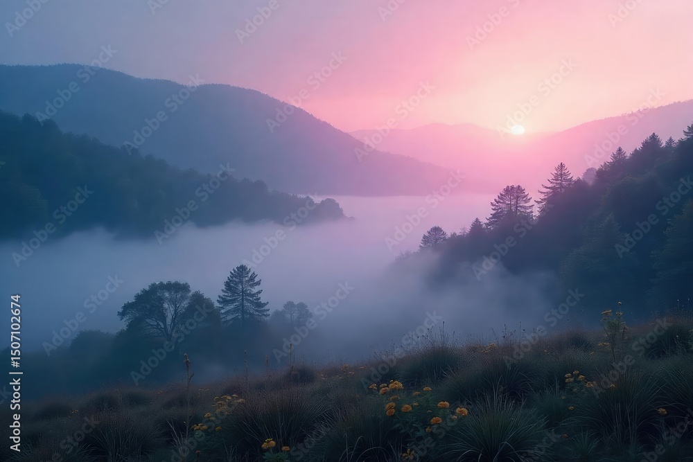 Sticker mysterious, ethereal fog blankets a serene landscape, creating a mystical and atmospheric scene perf