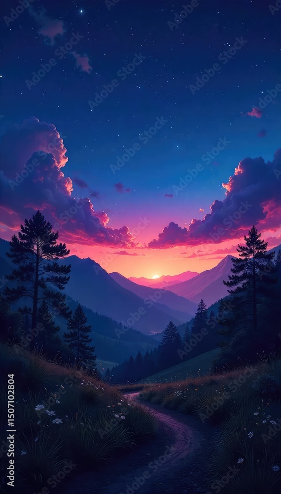 Wall mural night's gentle beginning twilight hues paint the sky as darkness descends, stars start to appear, an