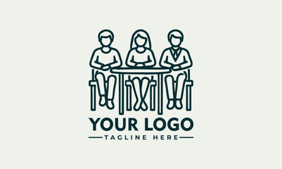 Minimalist line art of three people having a discussion around a table, collaborative meeting or teamwork concept

