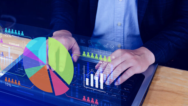 Market research and marketing analysis with Ai technology. customer surveys and statistics. analysts touch on pie charts and graphs, financial growth graph chart report, Business planning