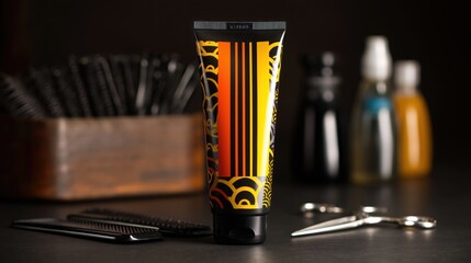 Hair Gel Tube With Bold Design on Salon Shelf Alongside Combs and Scissors in a Modern Hair Studio Generative AI