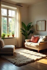Relaxing living room scene with natural light streaming through windows, highlighting a plush rug and comfortable furniture arrangement ideal for a peaceful afternoon , windows, area, home