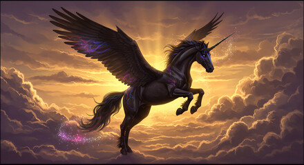 Fototapeta premium A Majestic Black Unicorn Soaring Through a Golden Sky with Large Wings