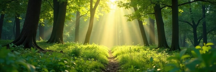 Fototapeta premium Serene forest scene bathed in sunlight, perfect for mindful reflection and nature meditation Leaves gently sway in the breeze, creating a calming atmosphere , healthy, balance