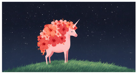 A Floral Unicorn Stands Under a Starry Sky on a Grassy Hill