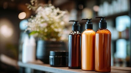 Hair Care Set Displayed on a Salon Shelf Featuring Shampoo, Conditioner, and Serum in Stylish Bottles Generative AI