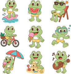 Cute frogs enjoying summer activities like surfing, biking, and playing music