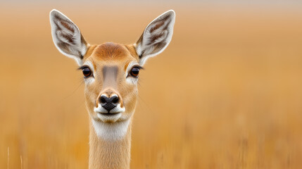 Obraz premium A close-up of a graceful deer gazing curiously, surrounded by golden grasses in a serene natural environment.
