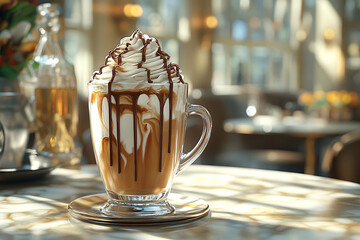 Delicious iced coffee indulgence with creamy topping and chocolate drizzle on a refined café table under summer light