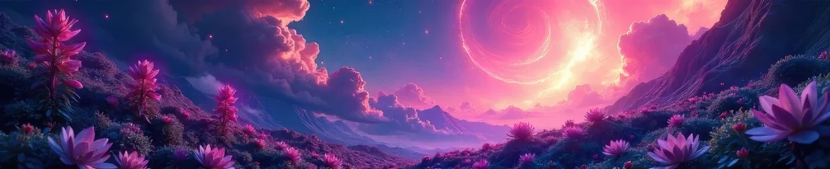 Fototapeten Vast, swirling nebulae of vibrant colors illuminate fantastical alien plant life, glowing with bioluminescence in a breathtaking cosmic landscape , interstellar plants, fantasy, universe © Thanwara
